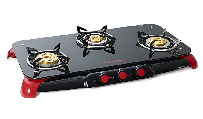Butterfly Signature Glass Top 3 Burner Gas Stove, Manual Ignition, Black/Red Butterfly Signature Glass Top 3 Burner Gas Stove, Manual Ignition, Black/Red